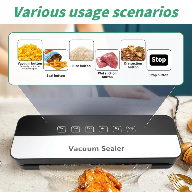 Vakuumiergerät, Professioneller 6-in-1 Vakuumierer für Lebensmittel, Trocken-/Nassmodus, automatische Versiegelung für Fleisch, Obst, Gemüse