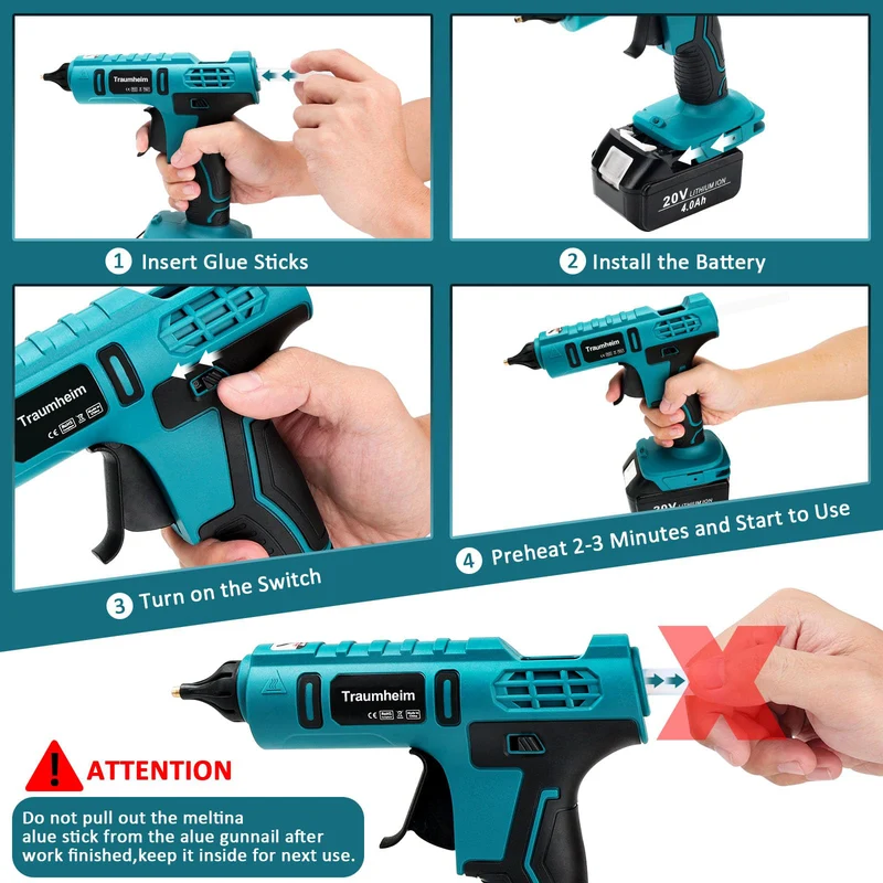 Akku Heißklebepistole, 18V kompatibel mit Ma-kita Akkus, kabellose Klebepistole für Handwerk Heimwerken Reparatur, inklusive 20 Klebestifte,ohne Akku