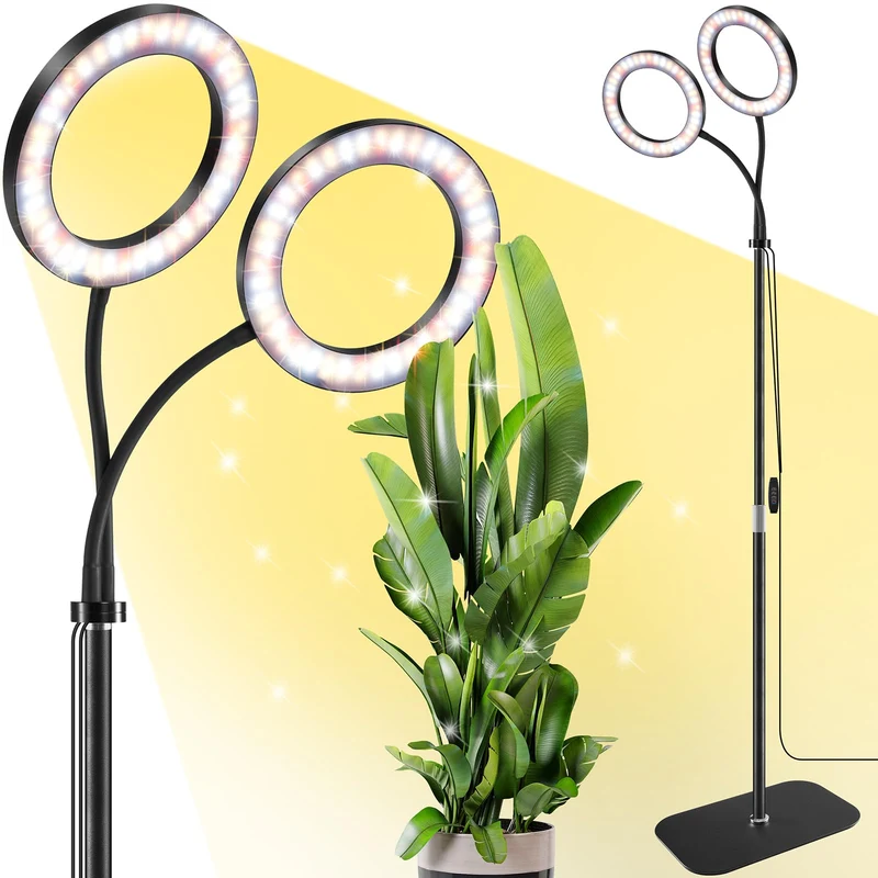 LED Pflanzenlampe Vollspektrum 2 Köpfe, 144 LEDs, 10-stufig dimmbar, Timer 3/9/12h, mit 16 cm Ring und 35-155 cm verstellbarem Stab für Zimmerpflanzen