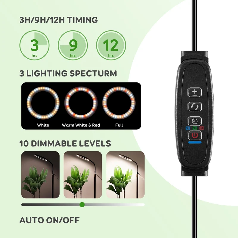 LED Pflanzenlampe Vollspektrum 2 Köpfe, 144 LEDs, 10-stufig dimmbar, Timer 3/9/12h, mit 16 cm Ring und 35-155 cm verstellbarem Stab für Zimmerpflanzen