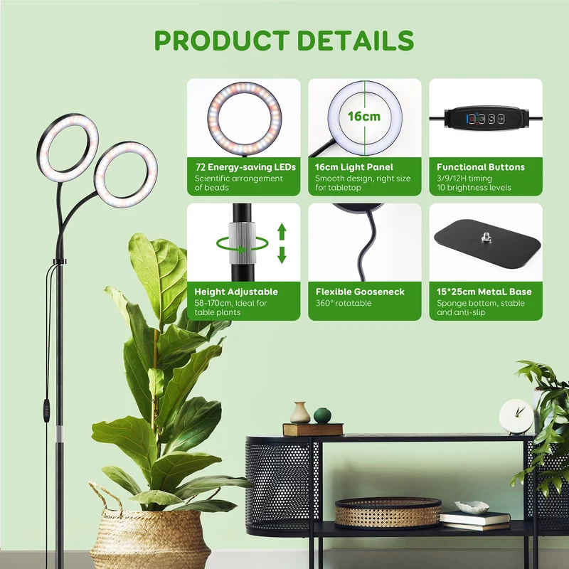 LED Pflanzenlampe Vollspektrum 2 Köpfe, 144 LEDs, 10-stufig dimmbar, Timer 3/9/12h, mit 16 cm Ring und 35-155 cm verstellbarem Stab für Zimmerpflanzen