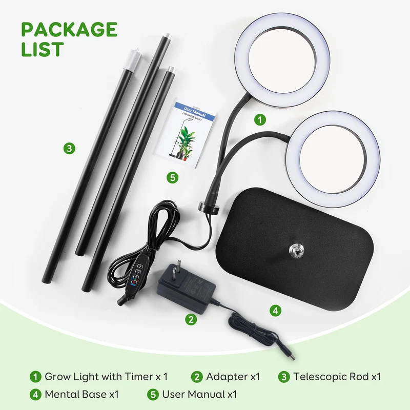 LED Pflanzenlampe Vollspektrum 2 Köpfe, 144 LEDs, 10-stufig dimmbar, Timer 3/9/12h, mit 16 cm Ring und 35-155 cm verstellbarem Stab für Zimmerpflanzen