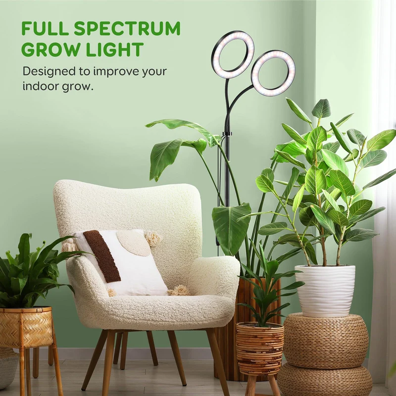 LED Pflanzenlampe Vollspektrum 2 Köpfe, 144 LEDs, 10-stufig dimmbar, Timer 3/9/12h, mit 16 cm Ring und 35-155 cm verstellbarem Stab für Zimmerpflanzen
