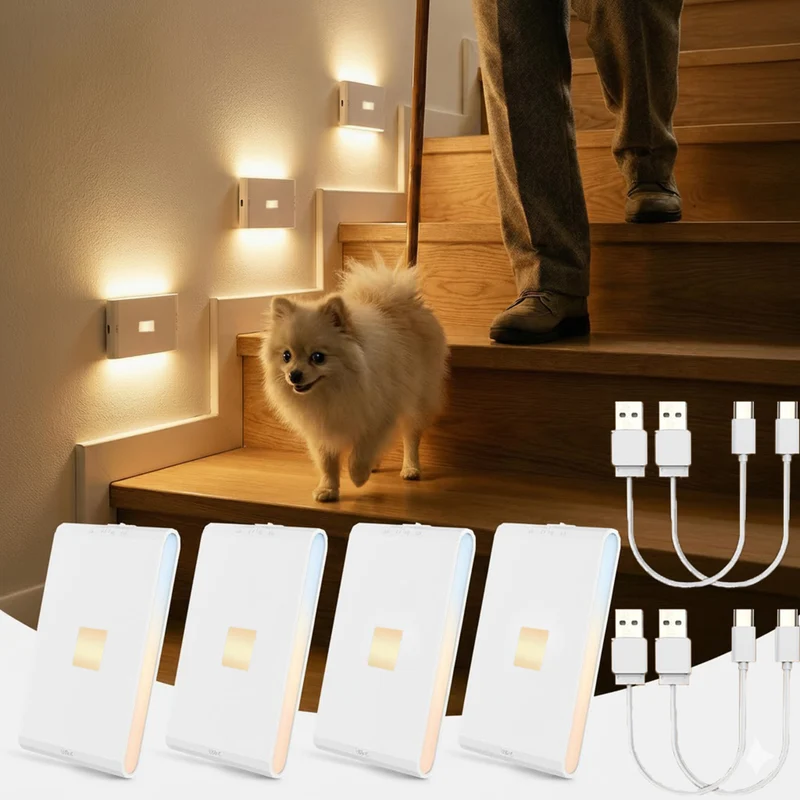 4x LED Nachtlicht mit Bewegungsmelder und Dämmerungssensor, USB-C (3000mAh), kabellose Schrankbeleuchtung, für Kinderzimmer, Treppe, Schlafzimmer,Flur