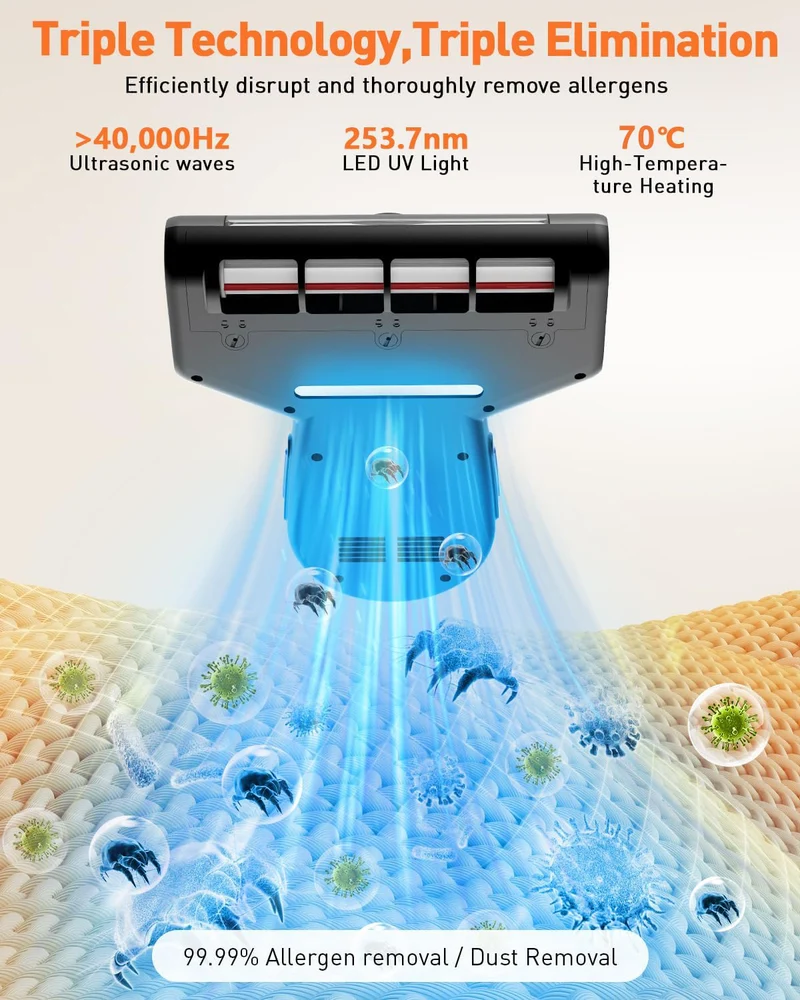 Milbensauger Handstaubsauger für Matratzen, UV-C-Licht, HEPA-Filter, 9000Pa, 65.000U/min, 99.9% Milbenentfernung, 253mm Saugöffnung für Betten,Polster