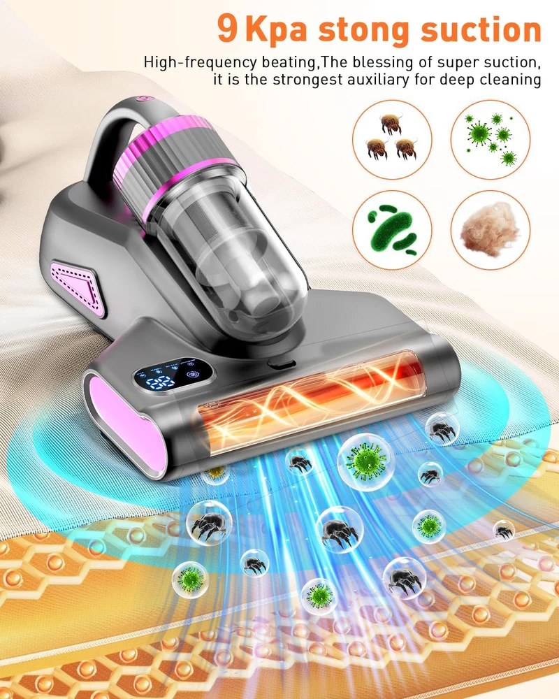 Milbensauger Handstaubsauger für Matratzen, UV-C-Licht, HEPA-Filter, 9000Pa, 65.000U/min, 99.9% Milbenentfernung, 253mm Saugöffnung für Betten,Polster