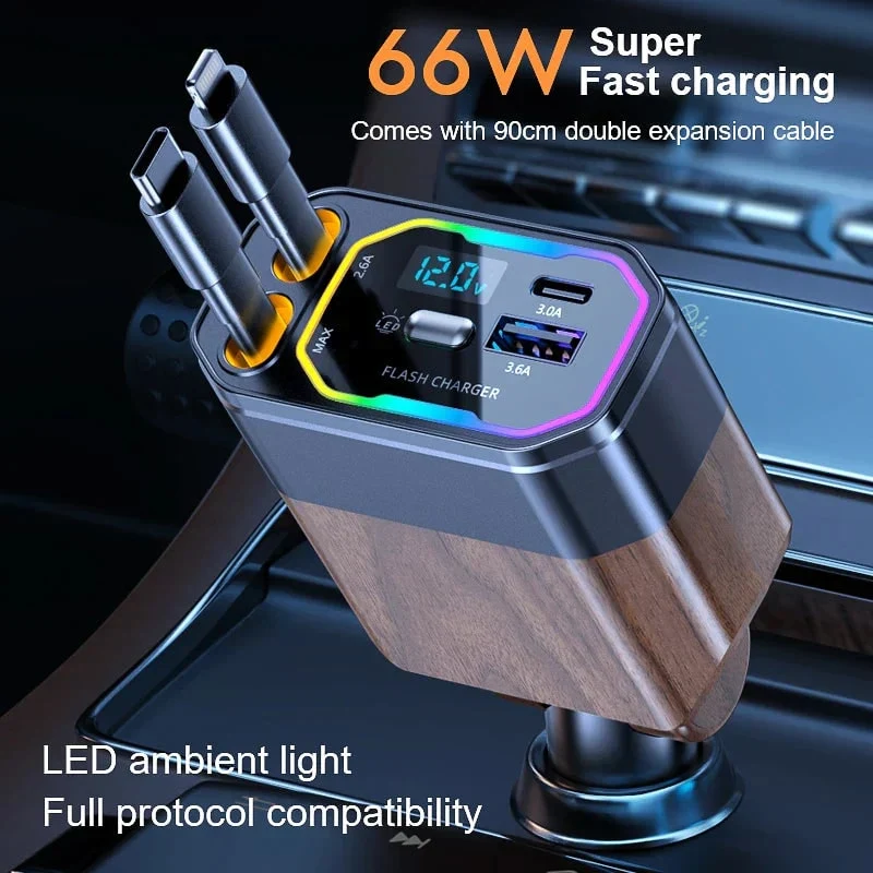 4-in-1 120W Retractable Car Charger with USB-C and USB-A Cables