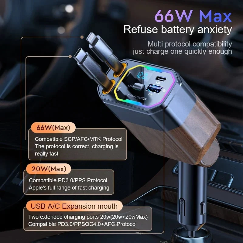 4-in-1 120W Retractable Car Charger with USB-C and USB-A Cables