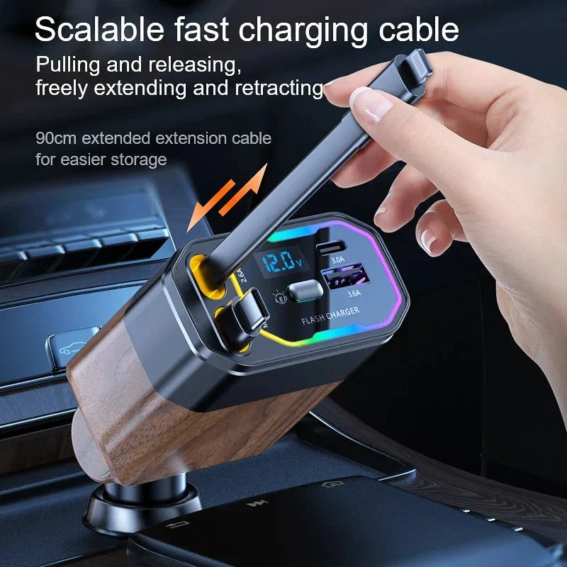4-in-1 120W Retractable Car Charger with USB-C and USB-A Cables