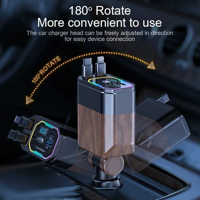 4-in-1 120W Retractable Car Charger with USB-C and USB-A Cables