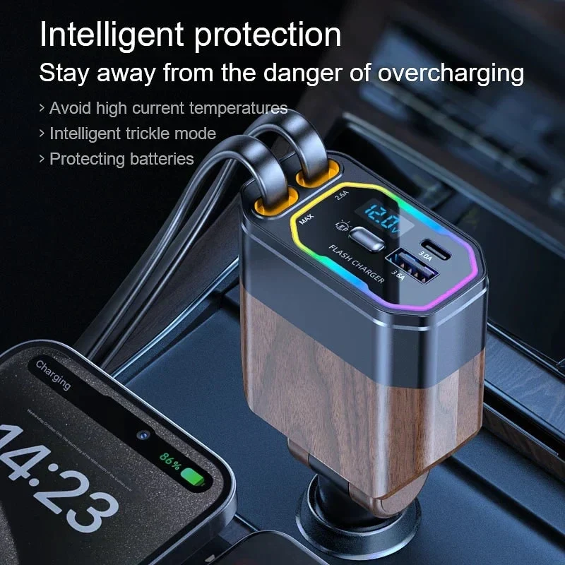 4-in-1 120W Retractable Car Charger with USB-C and USB-A Cables