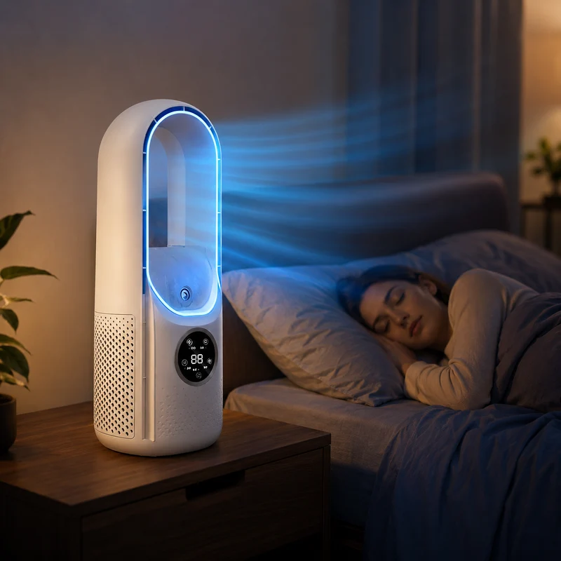 3-in-1 Bladeless Fan – Cooling, Humidifying, and Night Light, Quiet and Portable
