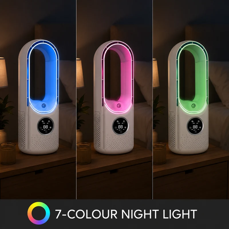 3-in-1 Bladeless Fan – Cooling, Humidifying, and Night Light, Quiet and Portable