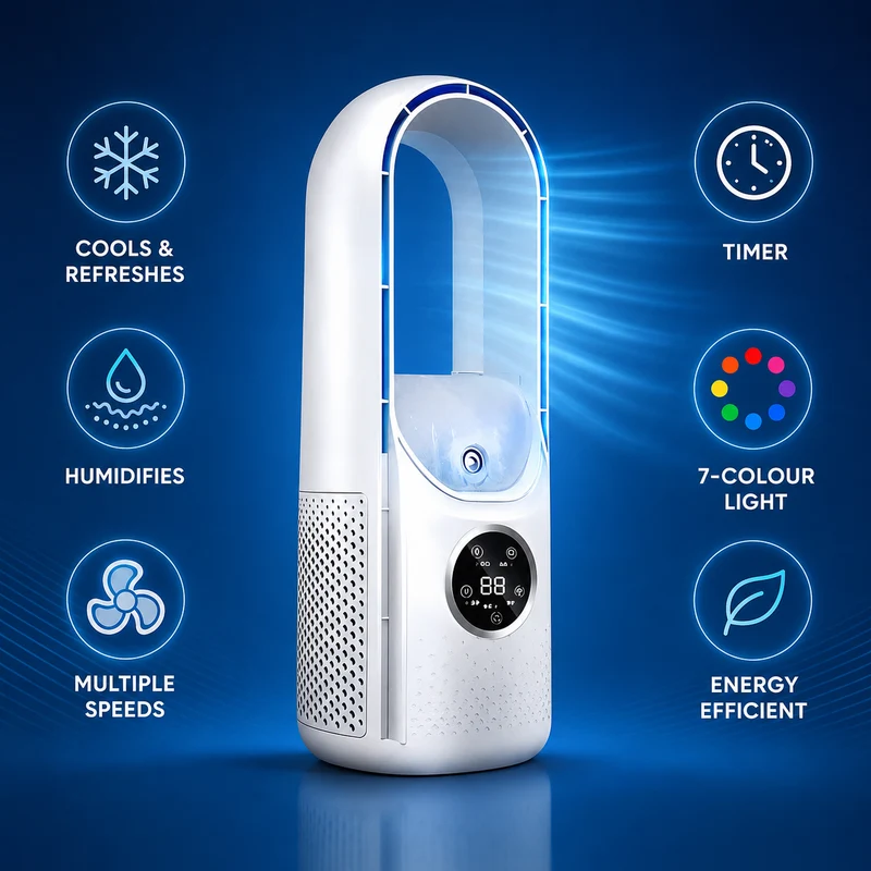 3-in-1 Bladeless Fan – Cooling, Humidifying, and Night Light, Quiet and Portable
