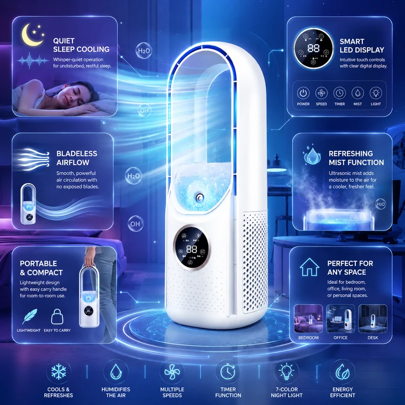 Portable air cooler Quiet compact bladeless cooling system