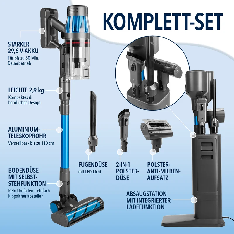 CLEANmaxx AeroTec 500 Staubsauger mit Absaugstation – Grau/Blau