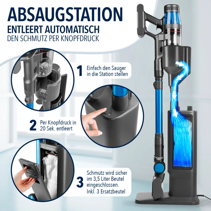 CLEANmaxx AeroTec 500 Staubsauger mit Absaugstation – Grau/Blau