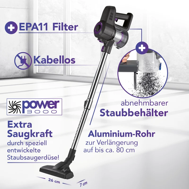 CLEANmaxx Akku-Zyklonsauger 2in1 - Hand- & Bodensauger kabellos, ladbar, 3 Düsen