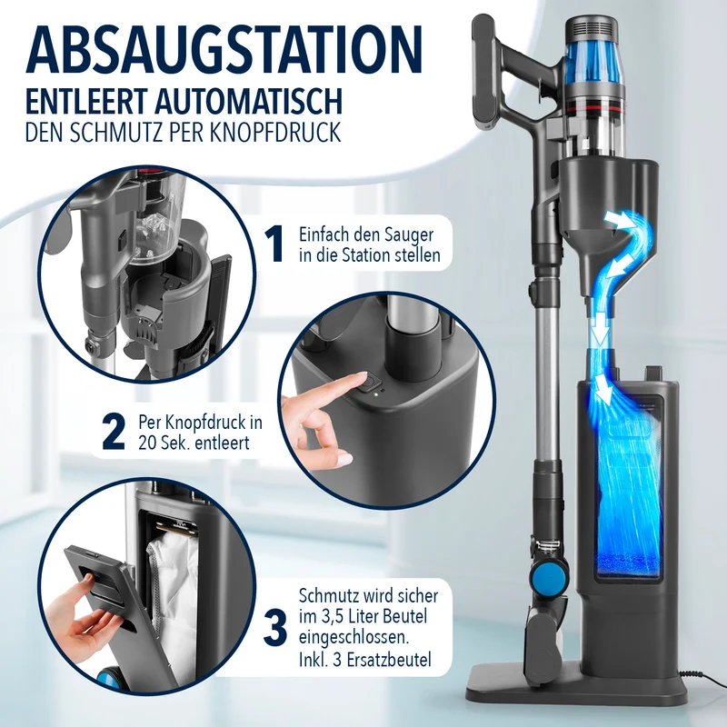 CLEANmaxx AeroTec 500 Staubsauger mit Absaugstation – Grau/Silber
