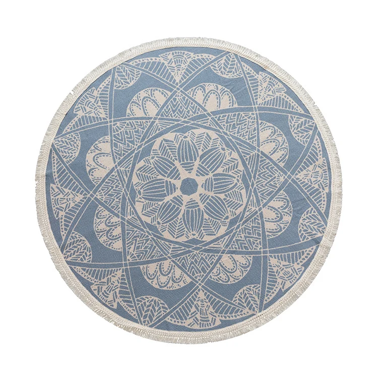 Runder gewebter Teppich mit Mandala‑Motiv, flacher Baumwoll‑Jutemix und Fransen Karnz