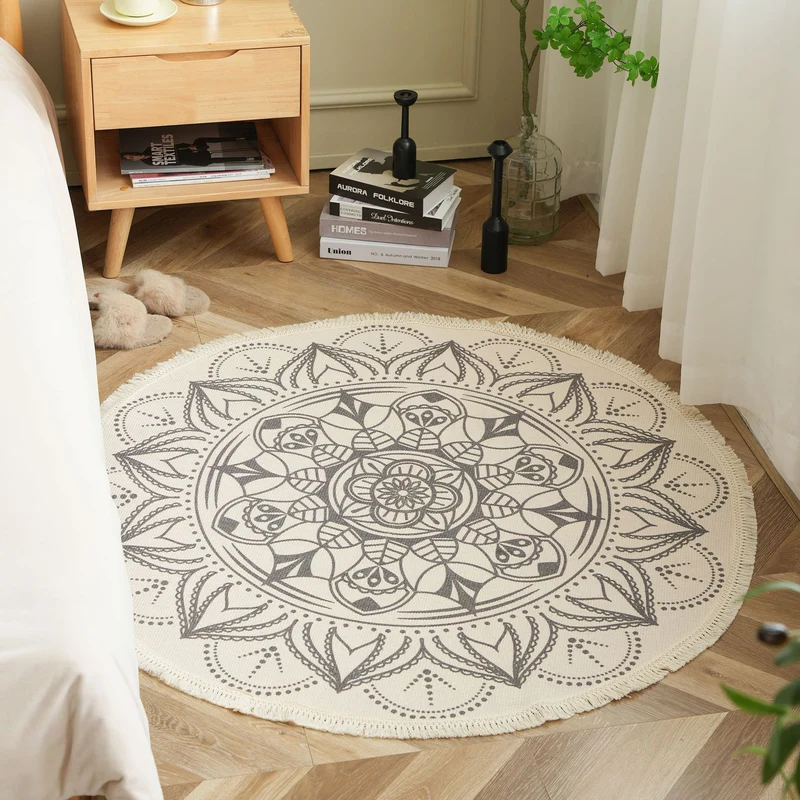 Runder gewebter Teppich mit Mandala‑Motiv, flacher Baumwoll‑Jutemix und Fransen Karnz