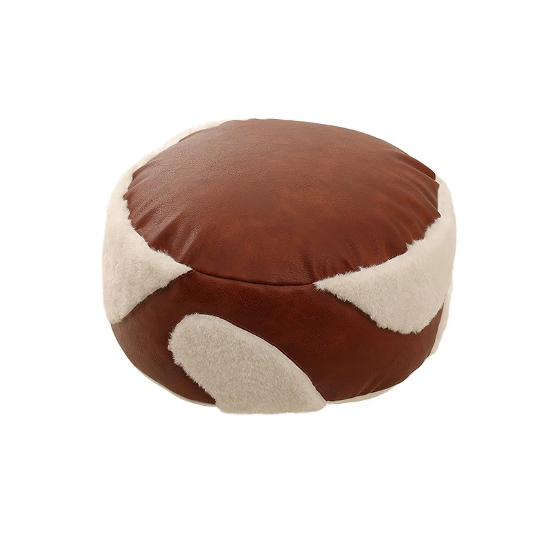 Runder gepolsterter Sitzpouf als Bodenhocker mit Vintage-Lederoptik und Teddy‑Fleece‑Einsätzen Karnz