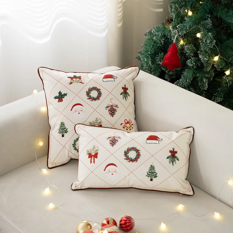 Rechteckiger dekorativer Kissenbezug mit weihnachtlichen Stickmotiven und Paspelierung Karnz