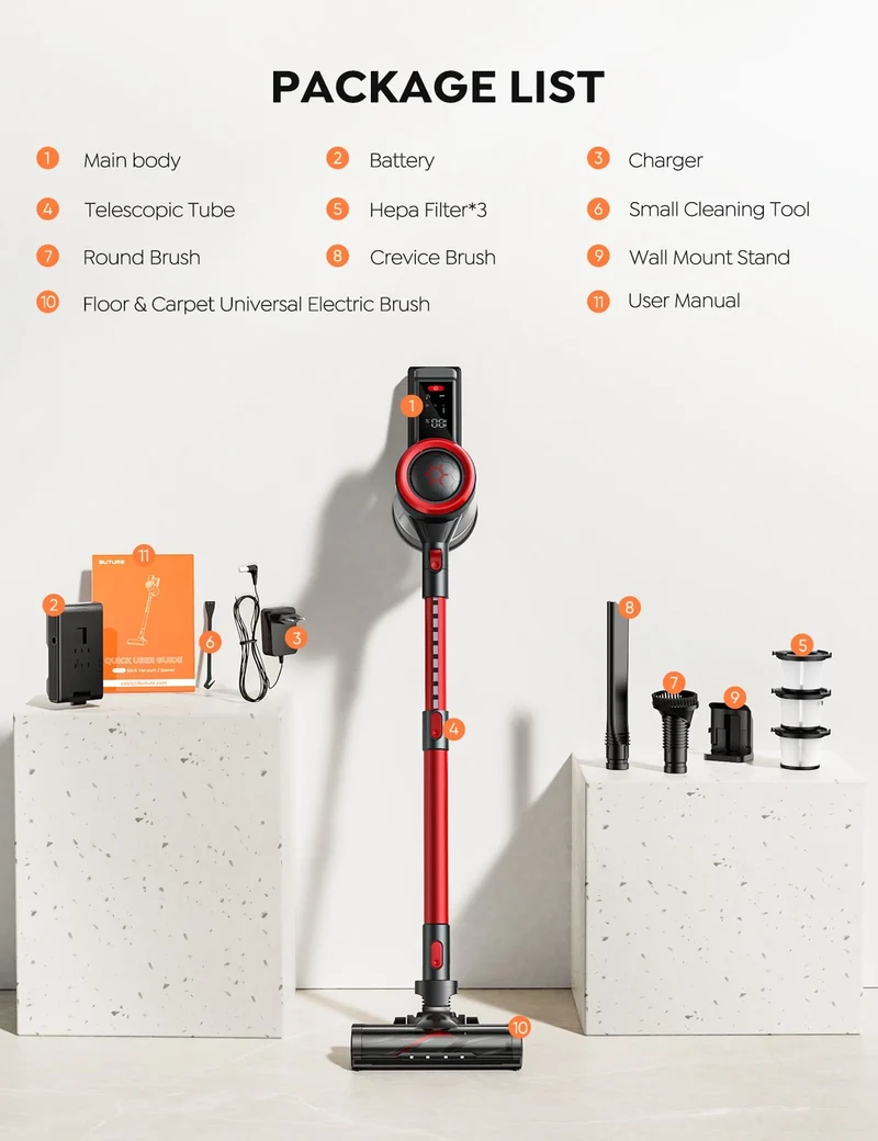 Buture JR700 Red Cordless Vacuum | 500W 45KPA