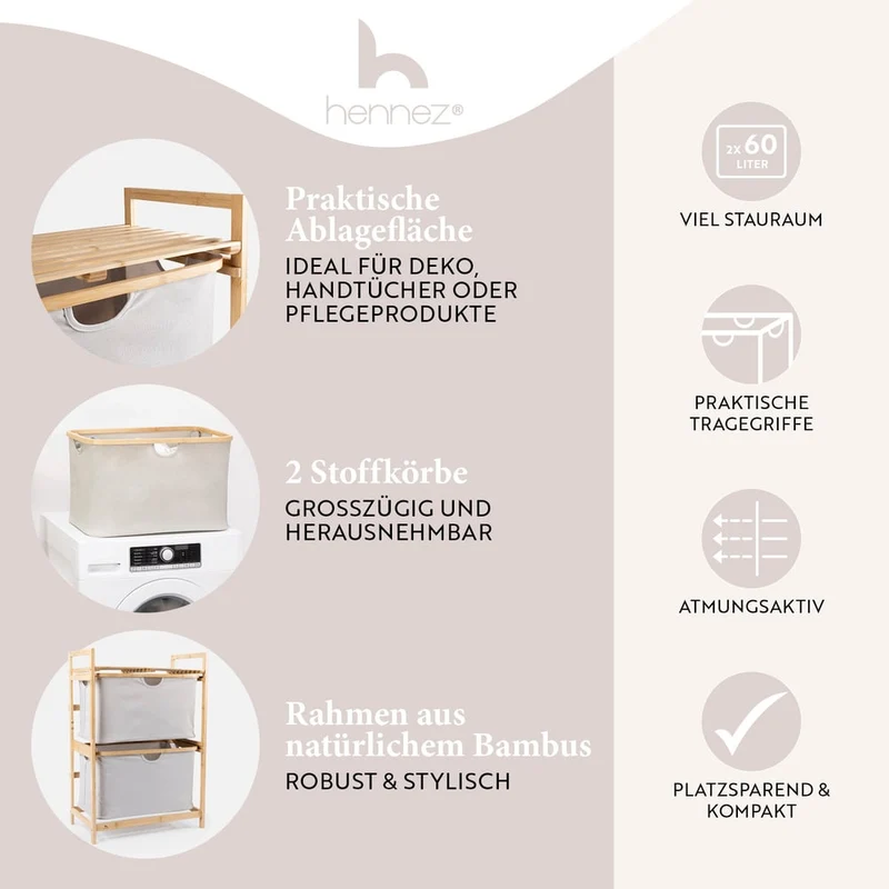Bambus Regal mit Ablage und Körben - Hellgrau