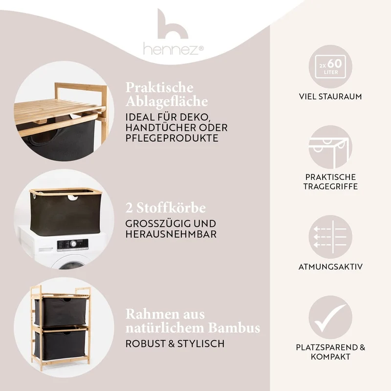 Bambus Regal mit Ablage und Körben - Dunkelgrau