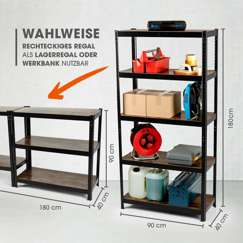 2 in 1 Schwerlastregal & Werkbank - 2er-Set - 180 x 90 x 40 cm - Holzoptik
