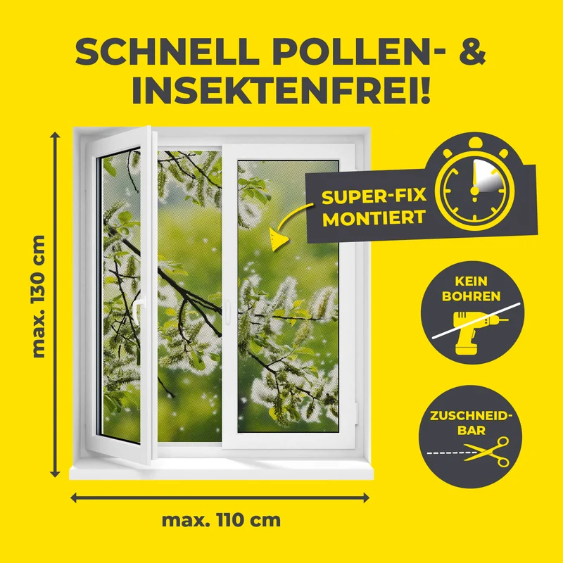 Insekten- & Pollenschutzgitter mit Magnetbefestigung - 4er-Set - 110x130cm - Schwarz