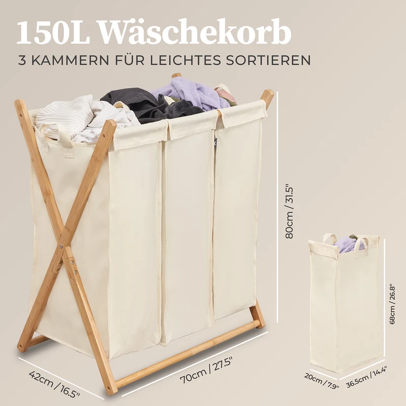 Wäschesammler "Xavier" 150 l - 3 Fächer - Beige