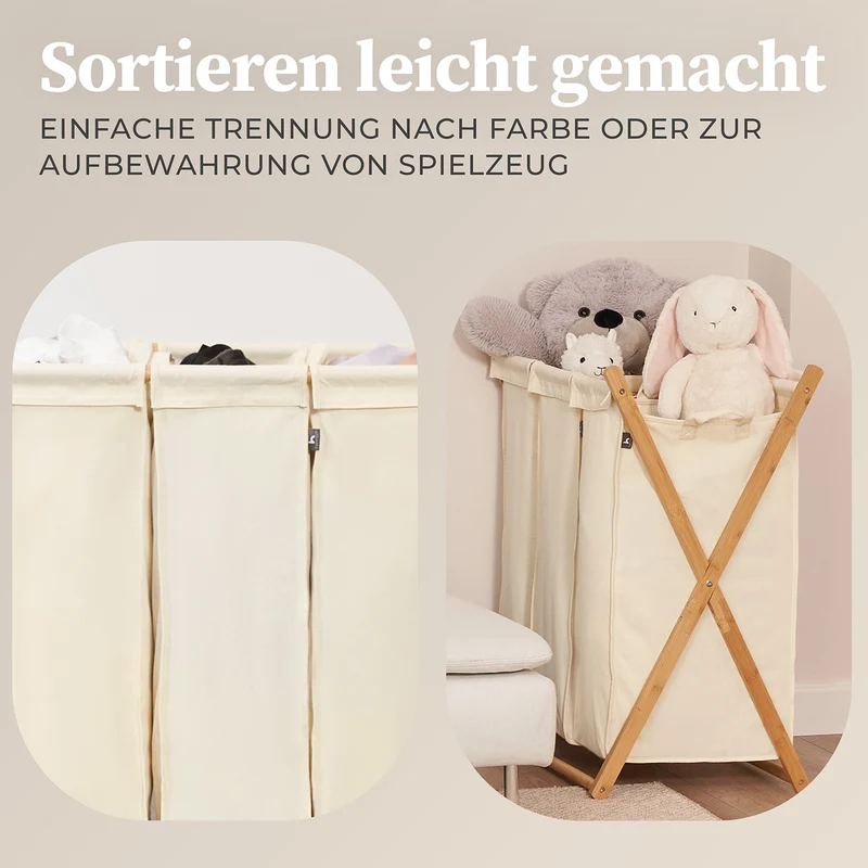 Wäschesammler "Xavier" 150 l - 3 Fächer - Beige