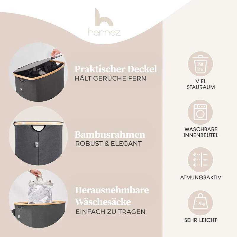Aufbewahrungskorb "Adrian" 150 l mit Deckel & 3 Fächern - Grau