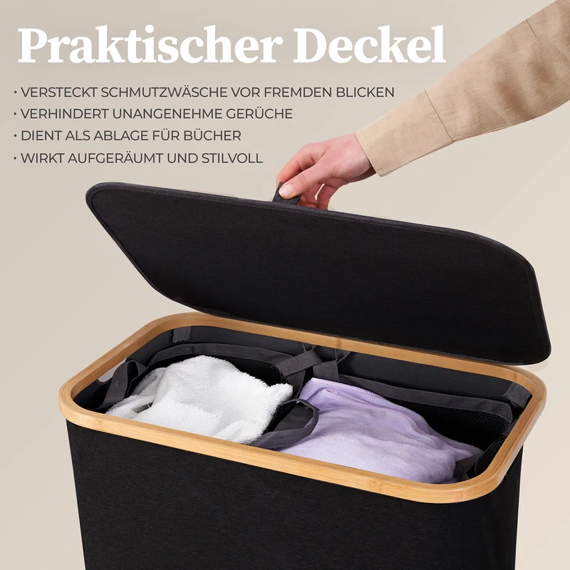 Aufbewahrungskorb "Adrian" 140 l mit Deckel & 2 Fächern - Schwarz