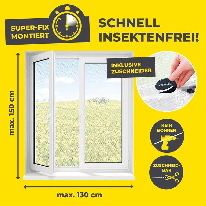 Moskitonetz für Fenster mit selbstklebendem Klettband - 4er-Set - 130 x 150 cm - Weiß
