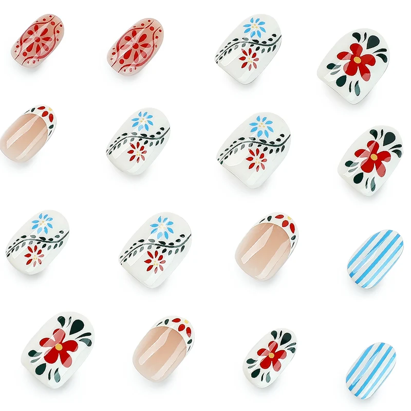Kunstvolle Nagelkunst mit floralem Design und bunten Mustern Karnz