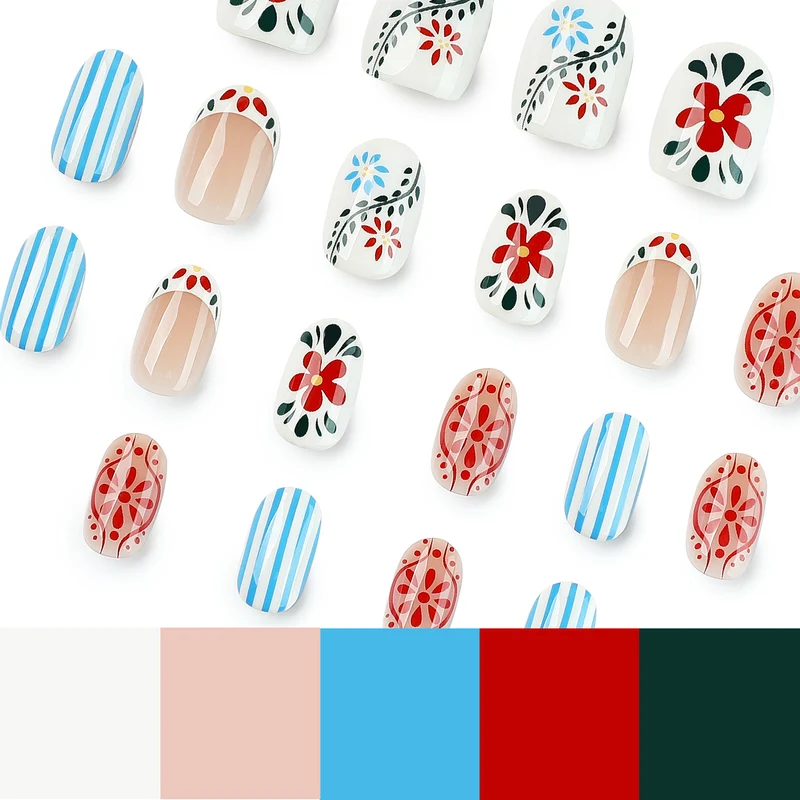 Kunstvolle Nagelkunst mit floralem Design und bunten Mustern Karnz