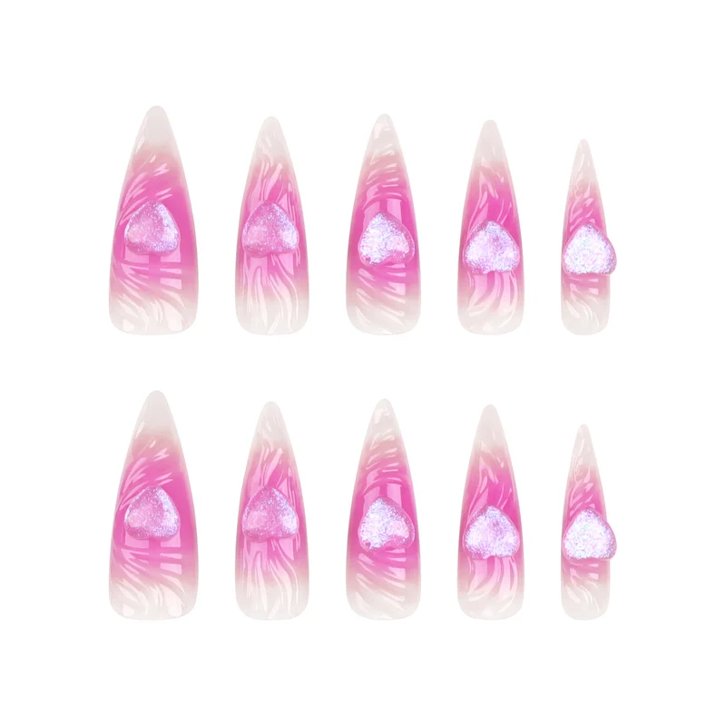 Kunstvolle Stiletto-Nägel mit Herz-Design und Glitzerakzenten Karnz