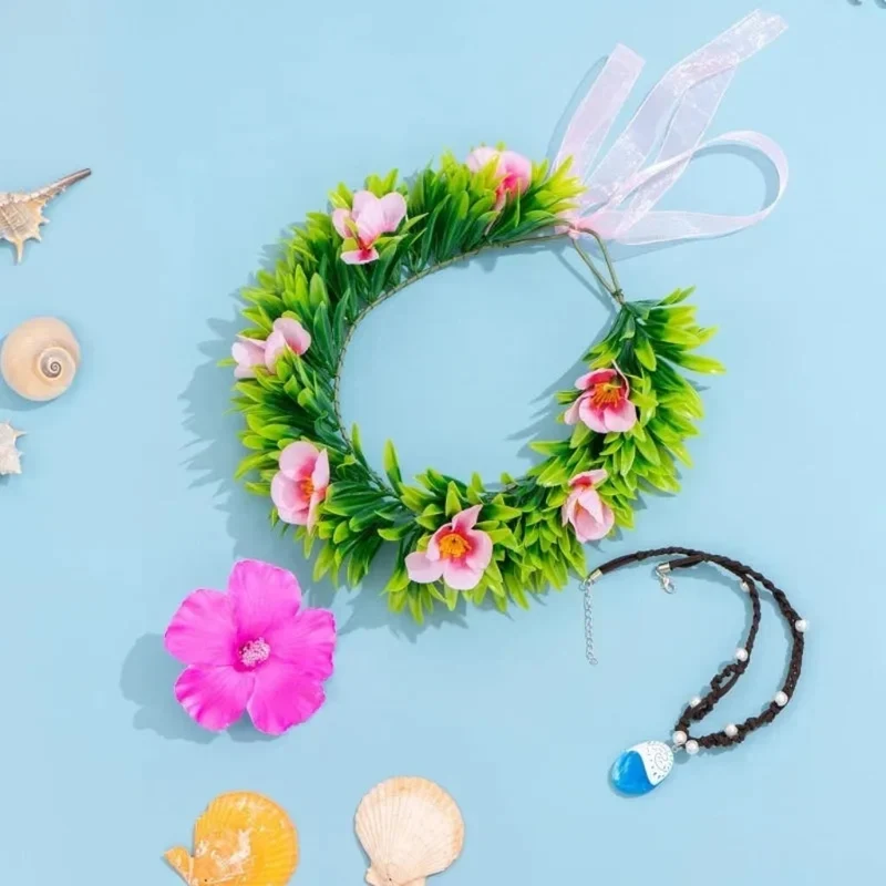 Halloween Hawaiian Hair Wreath with Artificial Flowers and Hibiscus Hair Clip, Women's Costume