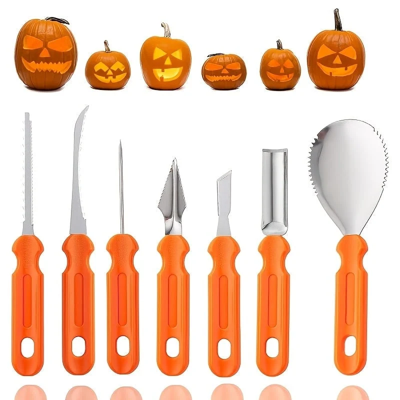 7-Piece Pumpkin Carving Set with Stainless Steel Tools for Halloween, Linden Wood