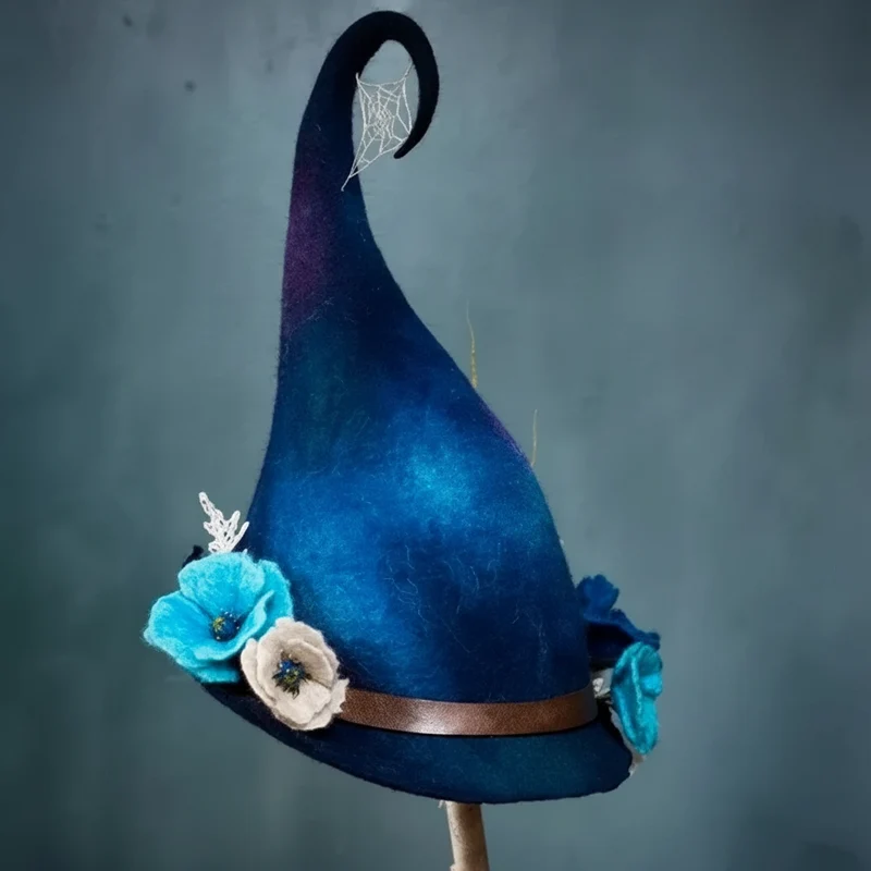 Halloween Felt Witch Hat with Decorative Flowers and Mushrooms for Costumes