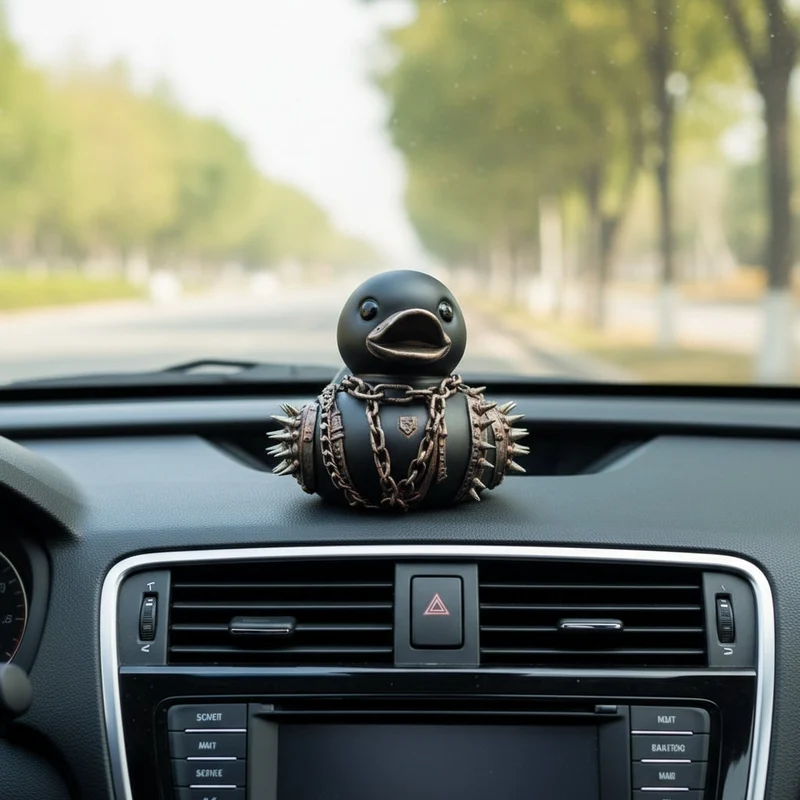 Gothic Halloween Rubber Duck Car Decoration with Black Hair and Studded Collar