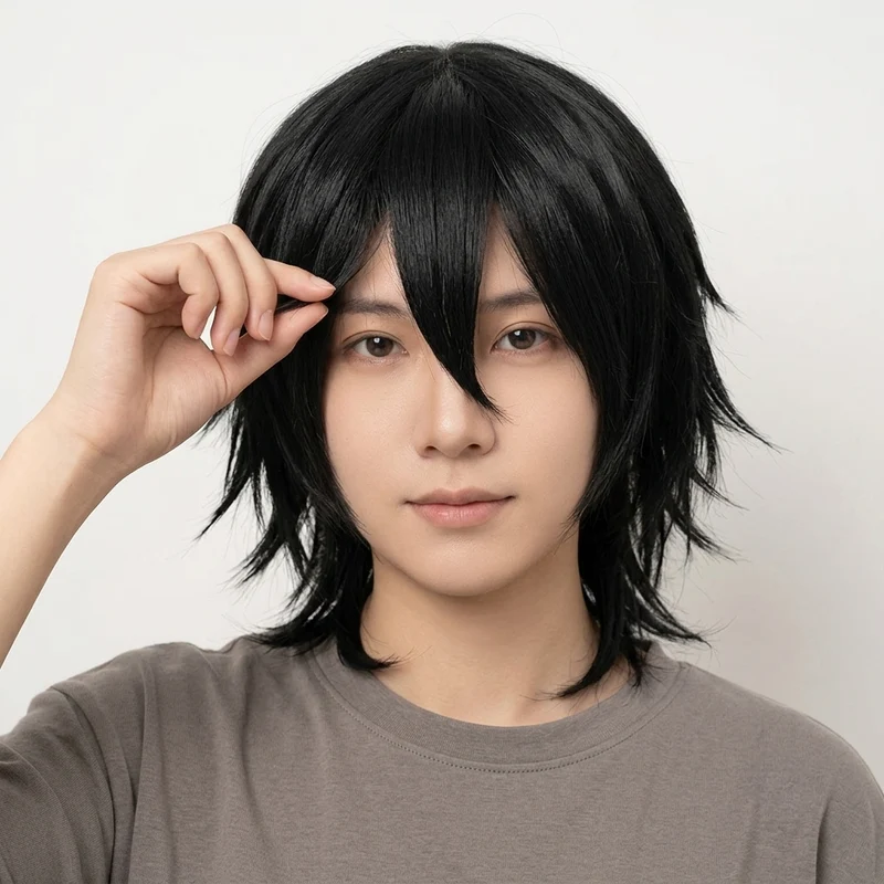 Women's Halloween Anime Cosplay Wig with Black Bangs and Layered Strands