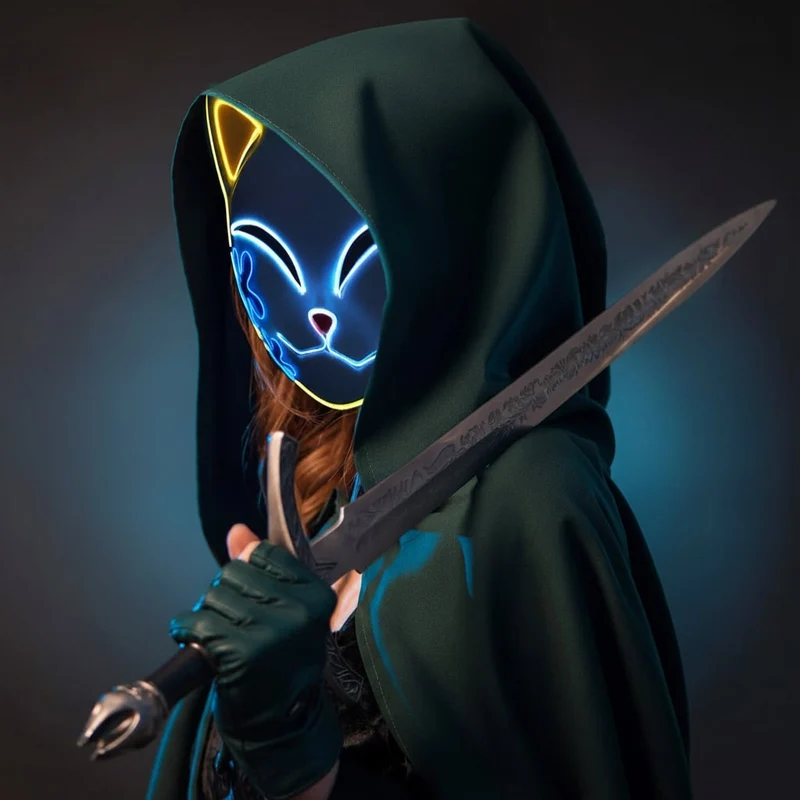 Halloween LED Cat Anime Cosplay Mask with Glowing Illumination for Masks
