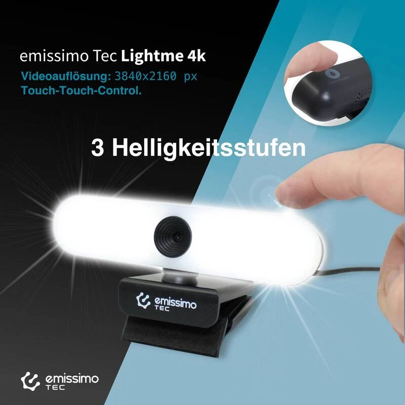 B-Ware Emissimo TEC Webcam 4K Kamera mit Licht und Mikrofon 3840x2160px Autofokus 120°