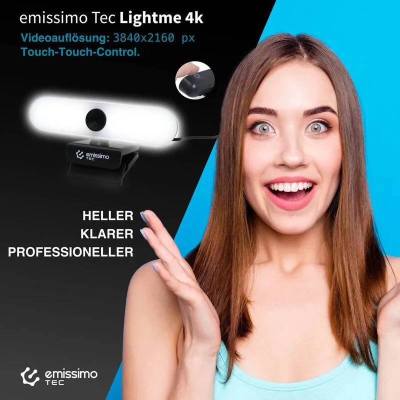 B-Ware Emissimo TEC Webcam 4K Kamera mit Licht und Mikrofon 3840x2160px Autofokus 120°