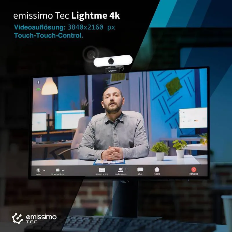 B-Ware Emissimo TEC Webcam 4K Kamera mit Licht und Mikrofon 3840x2160px Autofokus 120°