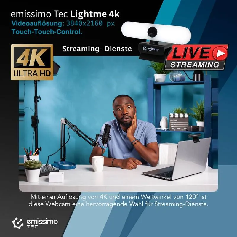 B-Ware Emissimo TEC Webcam 4K Kamera mit Licht und Mikrofon 3840x2160px Autofokus 120°